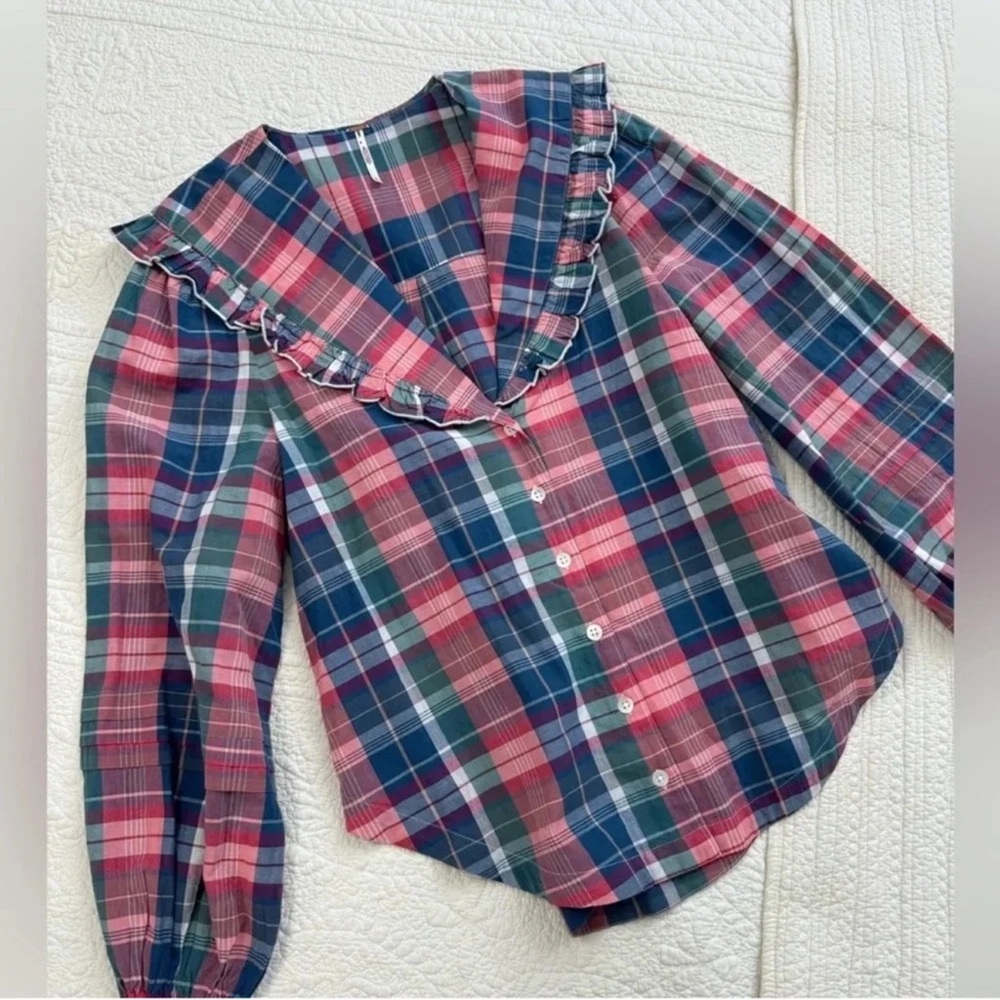 Free People Pink and Blue Plaid Ruffle Collar Button-Up Top - Picture 6 of 7